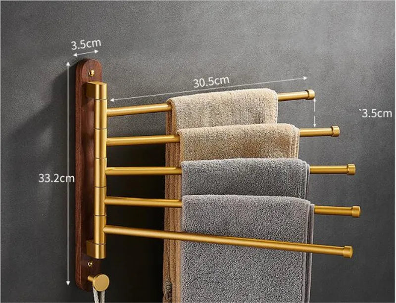 DecorBites™ Brushed Gold Wood Swivel Towel Hanger Wall Mounted Folding Bathroom Towel Bar