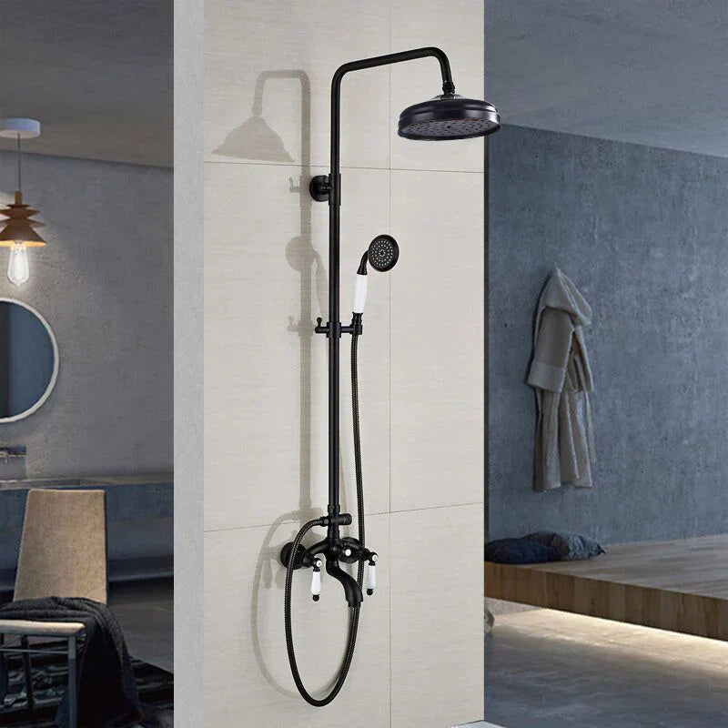 DecorBites™ Black Bronze Bathroom Shower Faucet Set with Dual Ceramic Handles & 8" Rainfall Column
