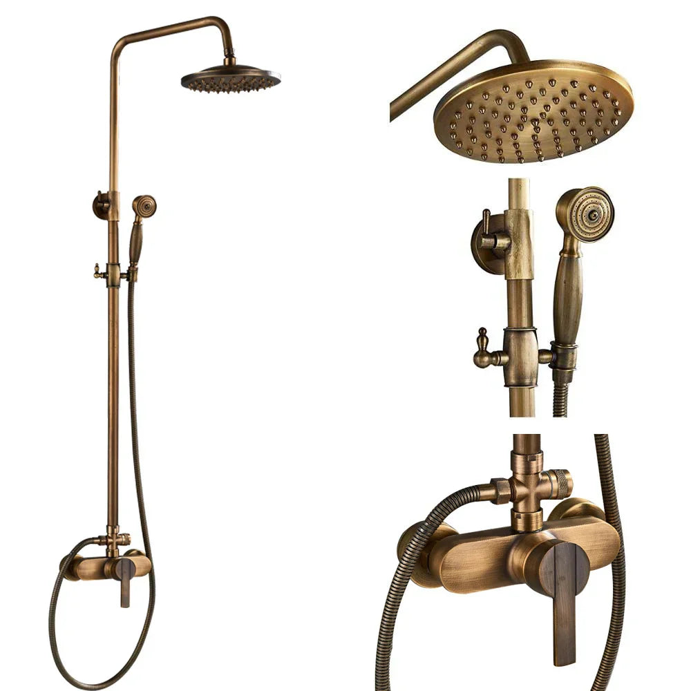 Juego de grifería para ducha DecorBites™ de latón antiguo con cabezal tipo lluvia de 8" y rociador giratorio