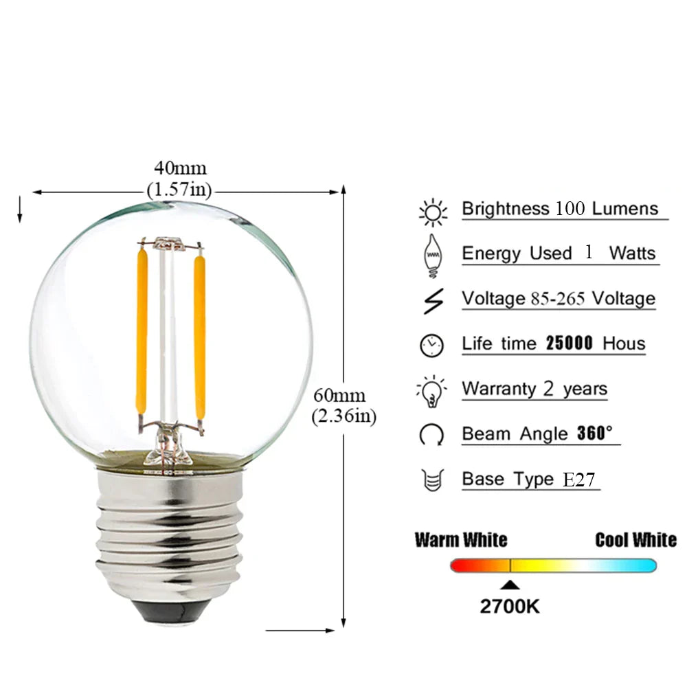 DecorBites™ LED String Lights Retro Edison E27 Bulbs 2PCS G40 1W Warm White 2700K