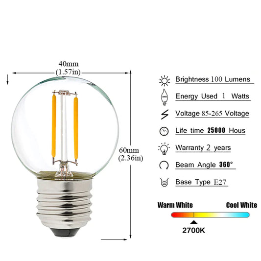 DecorBites™ LED String Lights Retro Edison E27 Bulbs 2PCS G40 1W Warm White 2700K