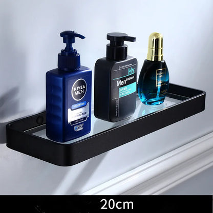 DecorBites™ Black Aluminum Glass Shelf 20-45cm Square Bathroom Rack