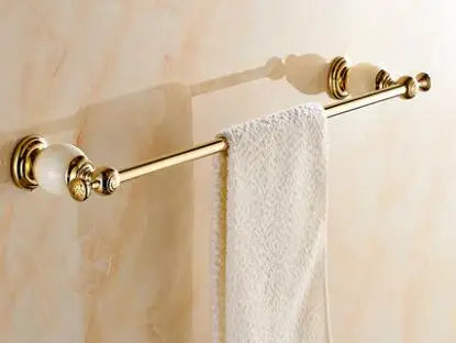 DecorBites™ Brass Jade Bathroom Hardware Set: Corner Shelf, Paper Holder, Towel Bar, Soap Basket, Rack.