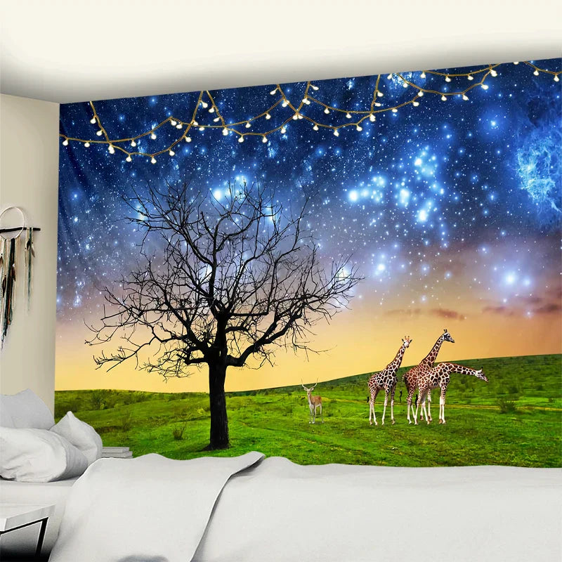 Decobites Starry Sky Deer Tapestry Wall Hanging Night View Home Decor