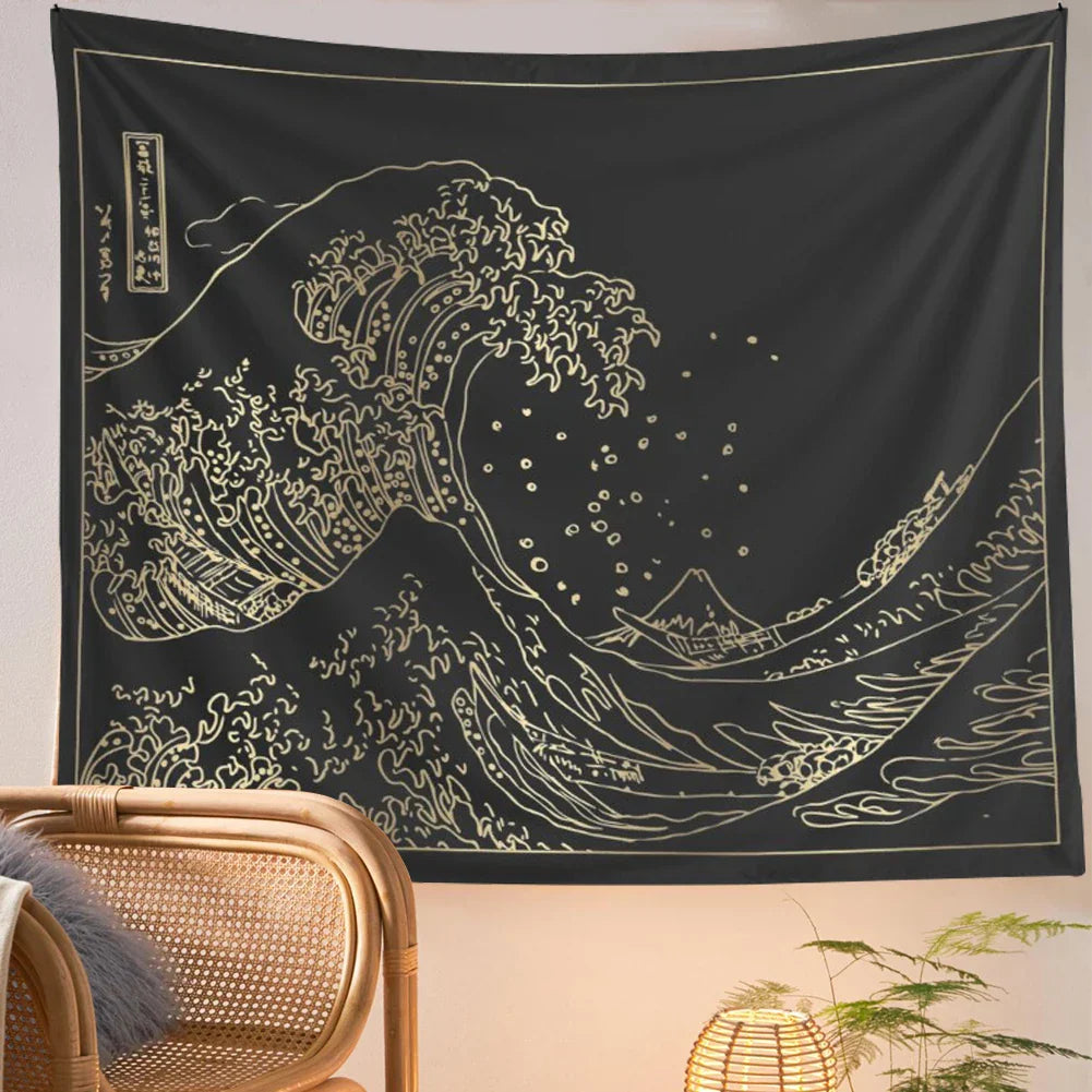 Decorbites™ Tapiz de la Ola de Kanagawa en Negro y Blanco Colgante de Pared Arte Vintage Japonés de Surf
