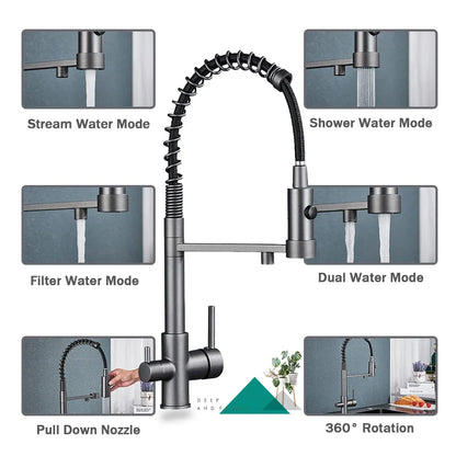 Decorbites™ Gewehrgrauer Filter-Küchenarmatur mit herausziehbarem Federarm & 3-Wege-Funktion
