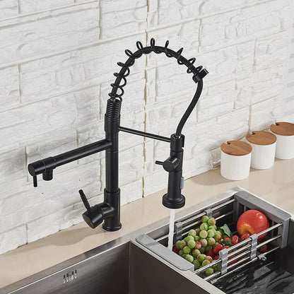 DecorBites™ Dual Spout Kitchen Sink Faucet - Matte Black Finish, Deck Mount Spring Mixer