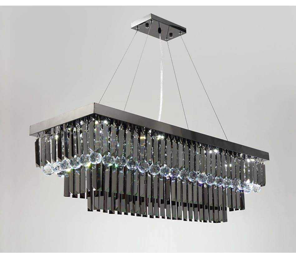 Modern black rectangle crystal chandelier featuring a sleek chrome frame with cascading black crystal prisms and clear spherical beads for dining room hanging light.