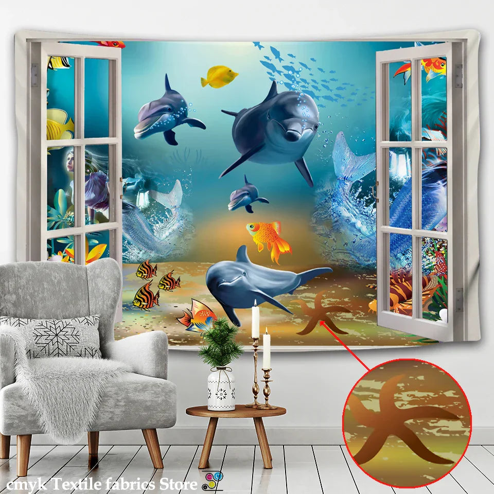 Decobites Underwater World Tapestry: Marine Museum Whale Wall Cloth for Bohemian Hippie Decor