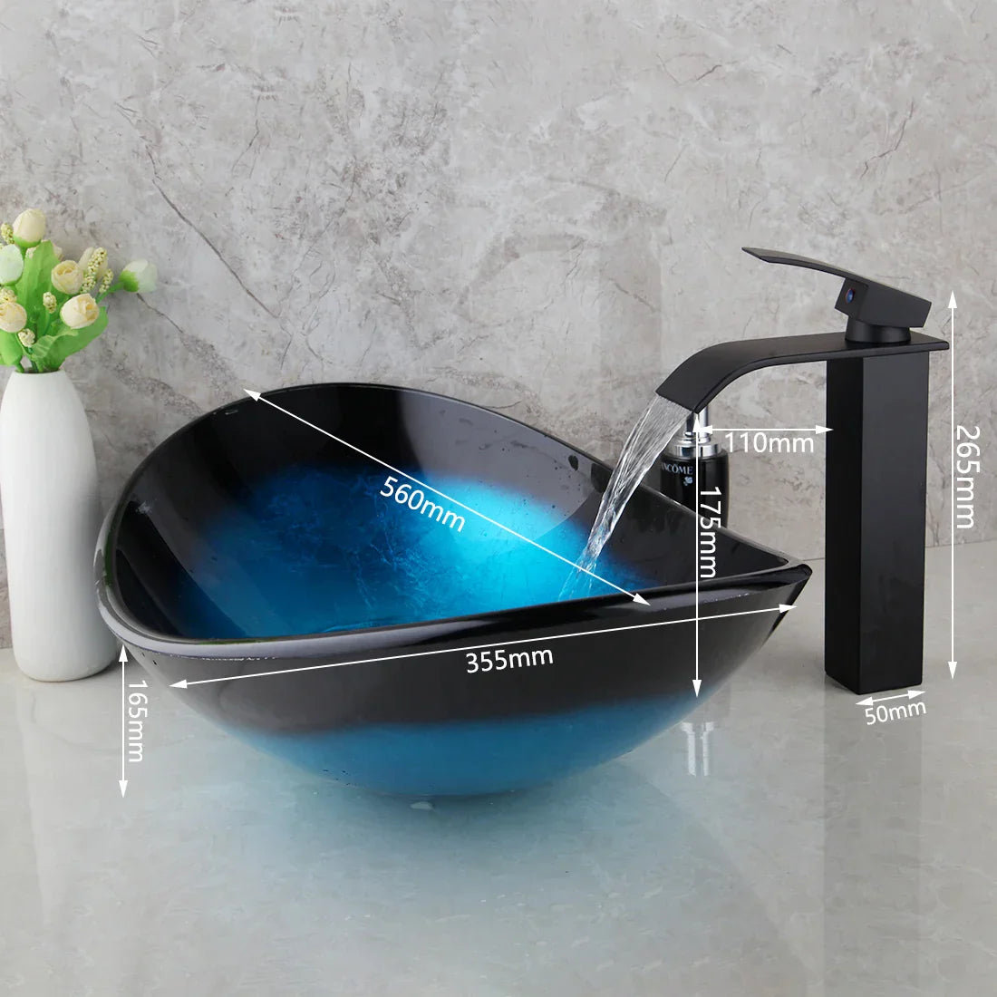 DecorBites™ Blue Tempered Glass Waterfall Basin Tap Set