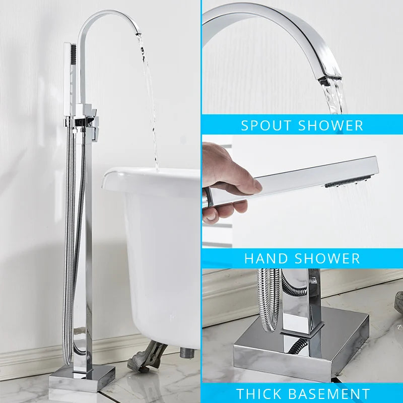 Juego de Grifos para Bañera de Oro Decorbites™ Mezclador de Ducha de Agua Caliente y Fría Grifo de Cascada Soporte de Suelo