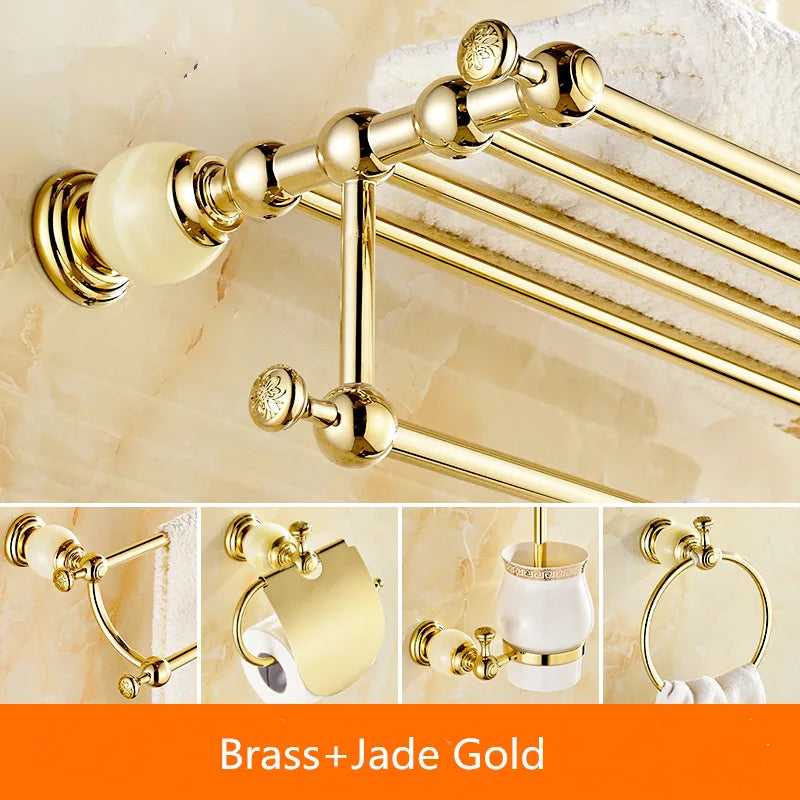 DecorBites™ Brass Jade Bathroom Hardware Set: Corner Shelf, Paper Holder, Towel Bar, Soap Basket, Rack.