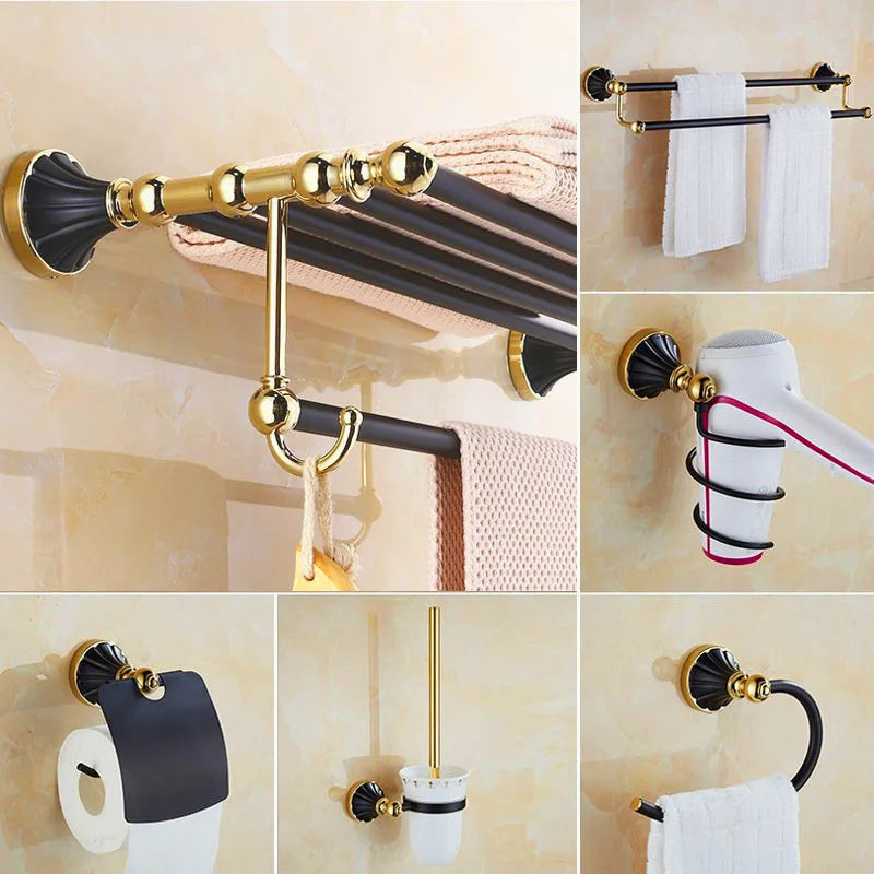 DecorBites™ Gold Black Bathroom Accessories Set, Towel Bar, Toilet Brush Holder, Paper Holder