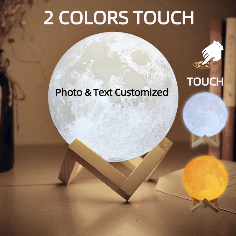 Personalized 3D Printing Moon Lamp Customized Photo Text Night Light USB Rechargeable Birthday Mother Day Lunar Christmas Gift