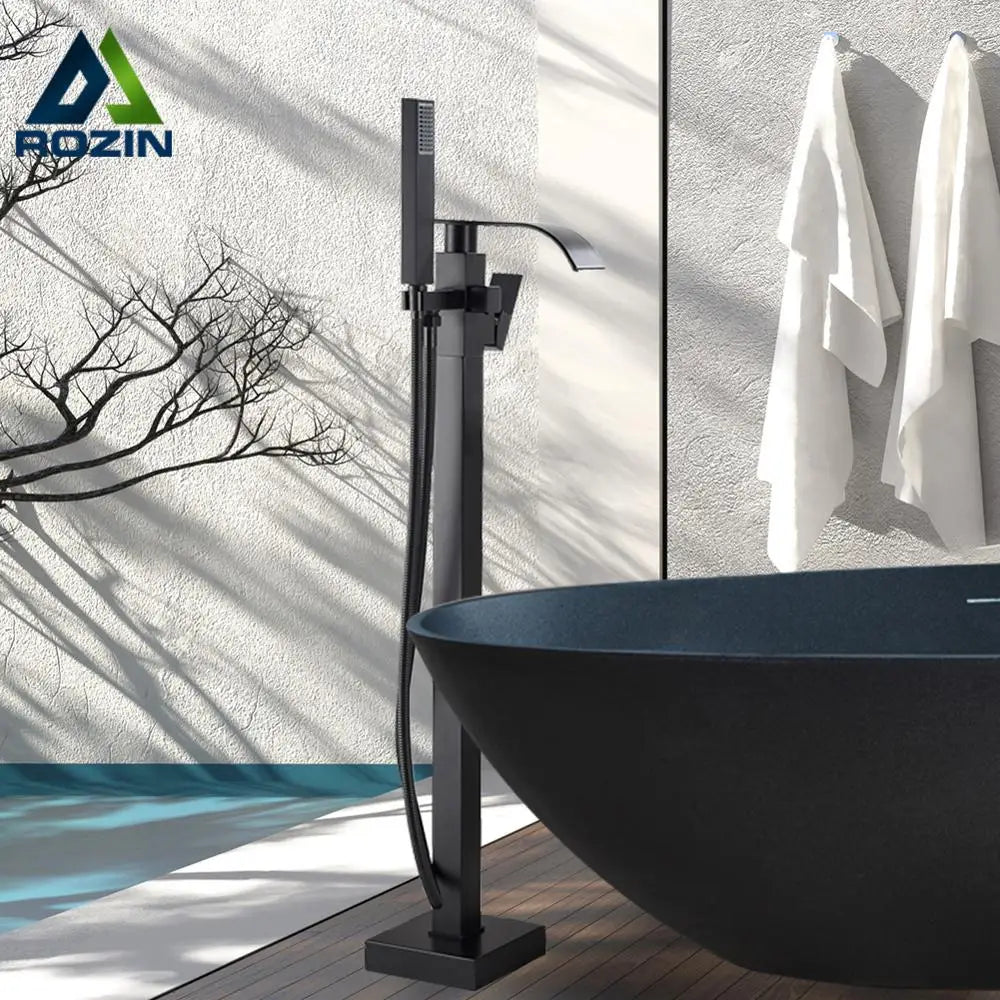 DecorBites™ Matte Black Waterfall Bathtub Shower Faucet, Floor Standing Hot Cold Mixer Tap