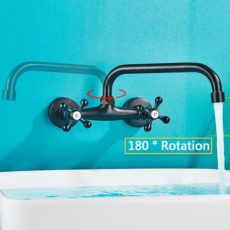 DecorBites™ Antique Brass Basin Faucet Wall Mounted Dual Handles Swivel Spout Mixer Tap