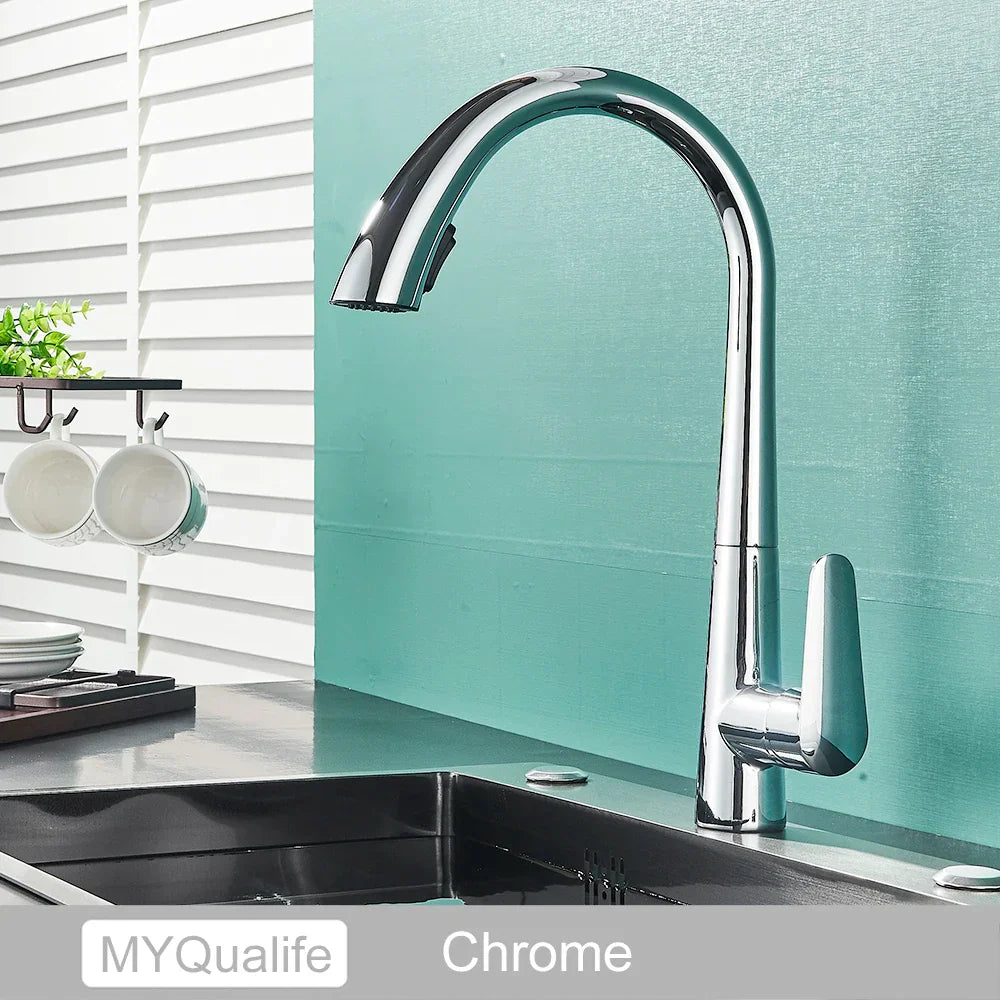 صنبور مطبخ أسود من DecorBites™ بمقبض واحد قابل للسحب لخلاط الماء الساخن والبارد