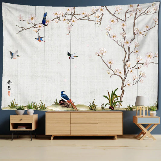 Decobites Flower Bird Chinese Painting Tapestry Wall Hanging Bohemian Style Home Decor