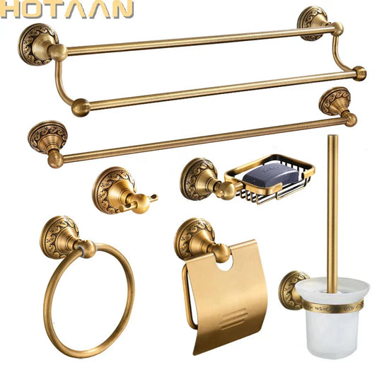 DecorBites™ Brass Bathroom Accessories Set: Robe Hook, Paper Holder, Towel Bar, Soap Basket