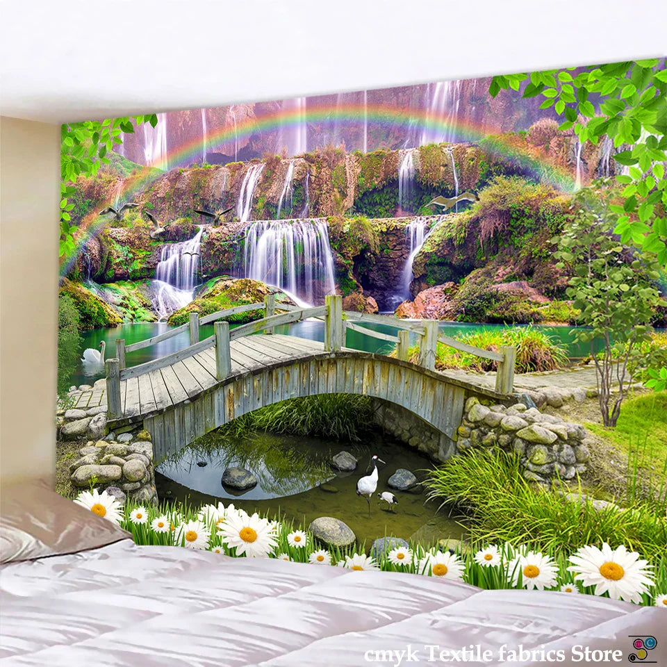 Forest Waterfall Tapestry Wall Hanging: Decobites Rainbow Landscape Table Mat Home Decor