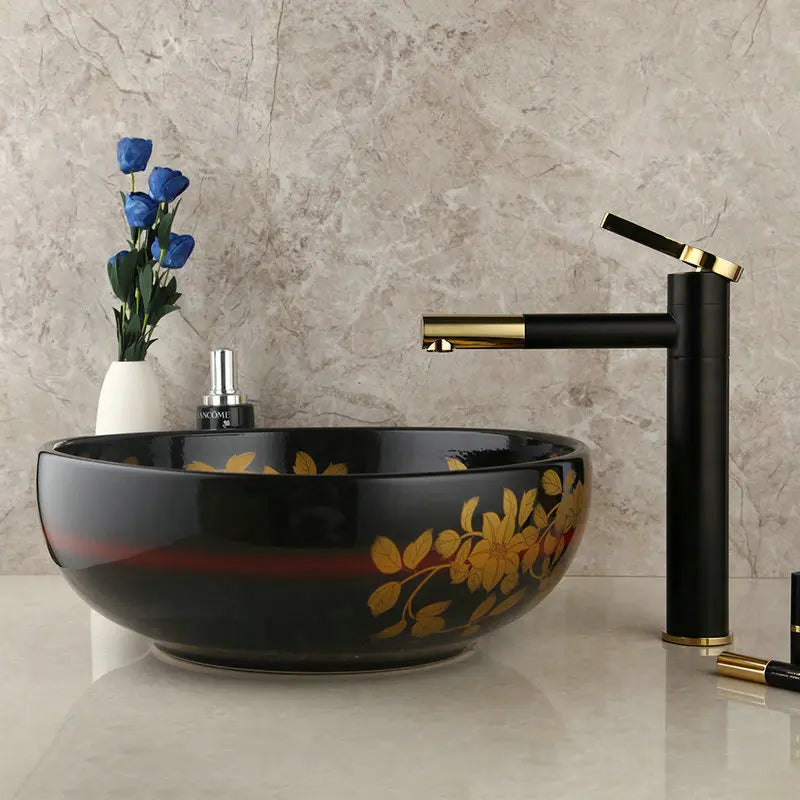 DecorBites™ Black Ceramic Hand-Painted Washbasin with Swivel Brass Faucet