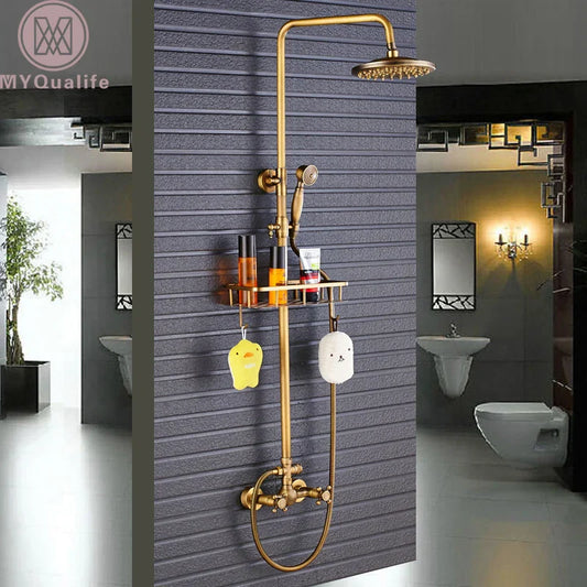 DecorBites™ Brass Shower Faucet Mixer Set with 8" Rainfall Head, Storage Shelf, and Hooks