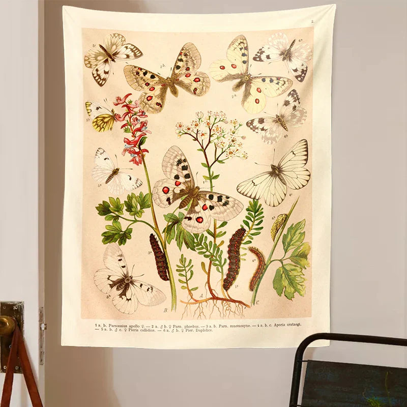 Vintage Butterfly Tapestry Wall Art Illustration Chart for Boho Decor by Decobites