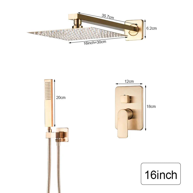 Grifo de ducha tipo lluvia ultrafino DecorBites™ en oro cepillado con montaje en pared y cabezal de 8" a 16".