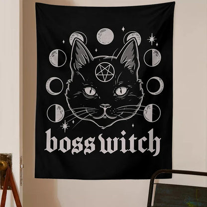 Decobites Cat Witchcraft Black Tapestry Wall Hanging Baphomet Occult Home Decor