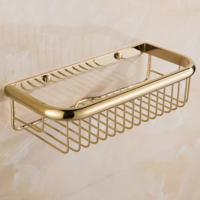 Estante de baño de latón dorado Decorbites™ con perchero para toallas, soporte para champú y canasta