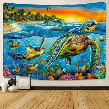 Decobites Rainbow Sea Turtle Dolphin Tapestry Wall Hanging Yoga Mat Beach Towel