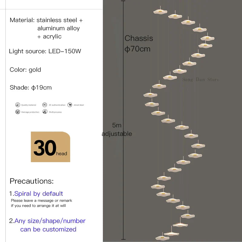 DecorBites™ Lotus Leaf Tea Art Spiral Staircase Chandelier - Chinese Style Pendant Light
