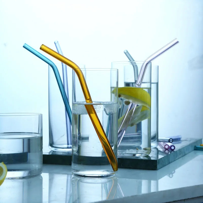 DecorBites™ 6Pcs Colorful Glass Curved Juice Straws - Heat-resistant and Transparent