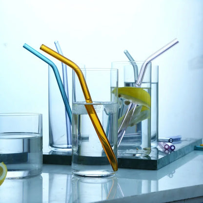DecorBites™ 6Pcs Colorful Glass Curved Juice Straws - Heat-resistant and Transparent