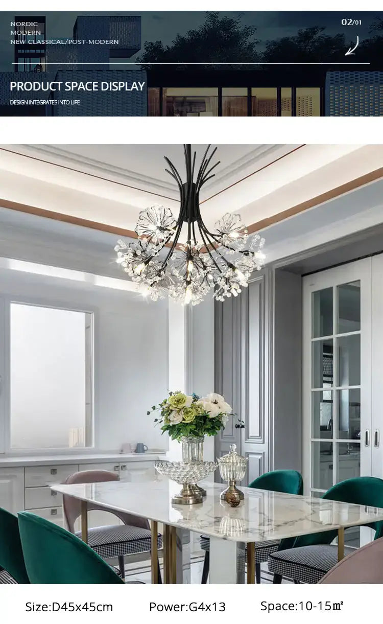 Elegant black metal led flowers chandelier with crystal flower-like accents hanging above a dining table for dining room use.