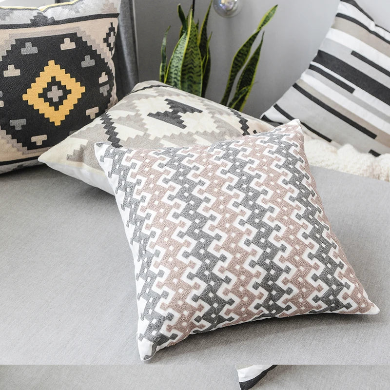 DecorBites™ Grey Embroidered Cotton Pillow Cover 45x45cm for Home Decor and Living Room