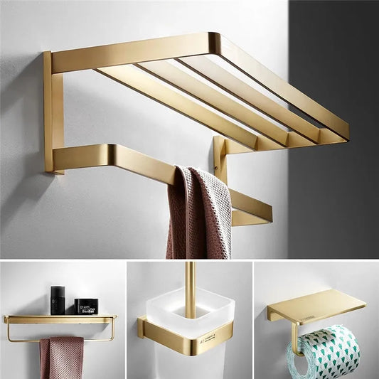 DecorBites™ Brushed Gold Bathroom Hardware Set: Towel Rack, Corner Shelf, Paper Holder, Hook, Toilet Brush Holder
