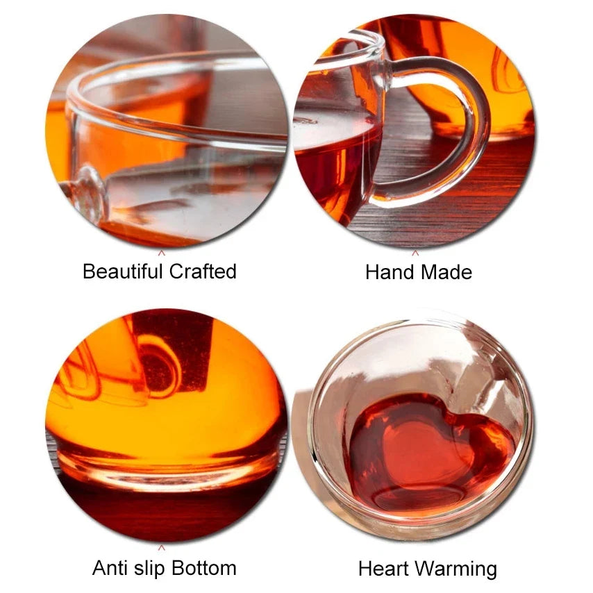 DecorBites™ Heart-Shaped Double Glass Mug | Romantic Couple Cups for Tea, Coffee