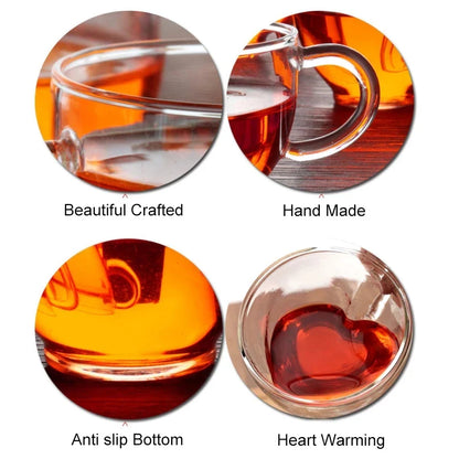 DecorBites™ Heart-Shaped Double Glass Mug | Romantic Couple Cups for Tea, Coffee