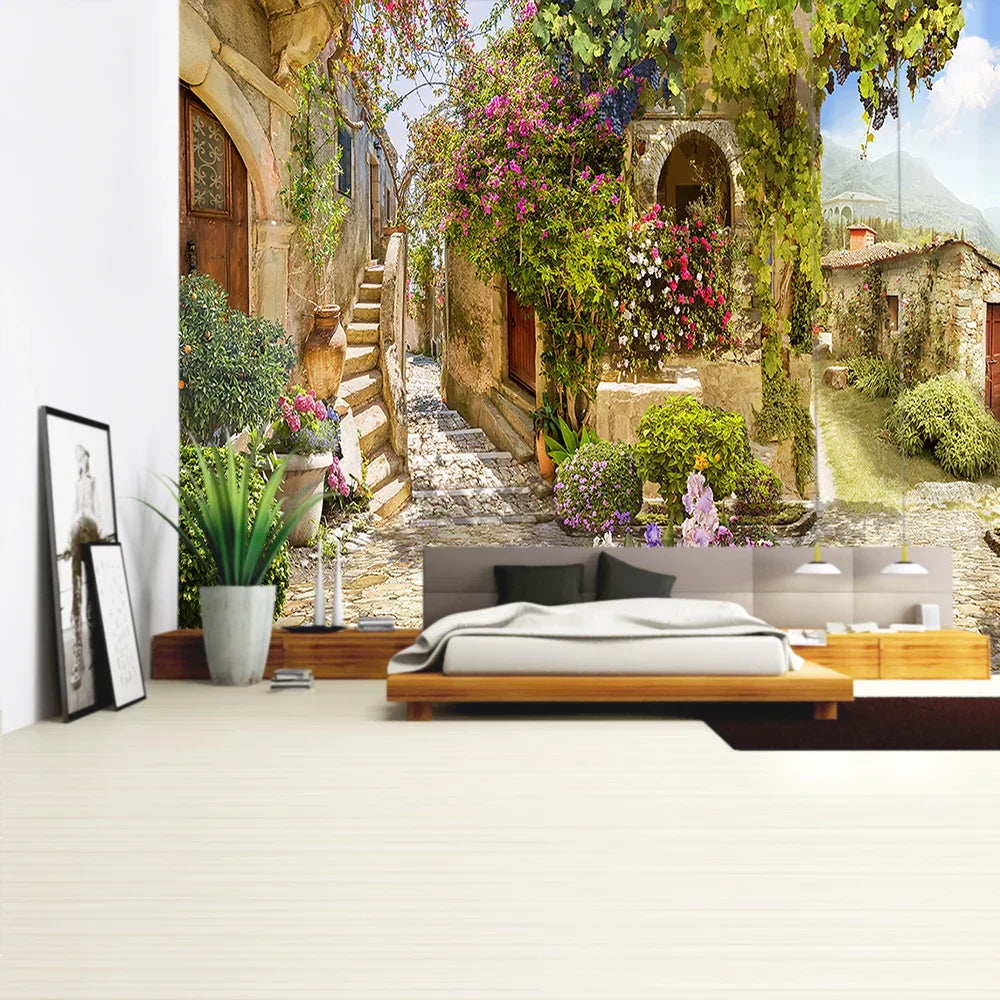 Tapiz DecorBites™ con paisaje de plantas verdes | Tapiz bohemio para pared en City Castle Hill