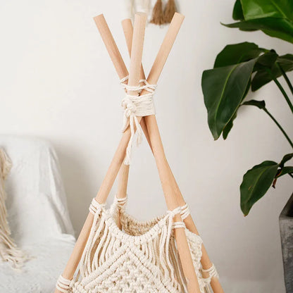 Decobites Macrame Kids Tent with Wooden Stick Holder for Boho Decor