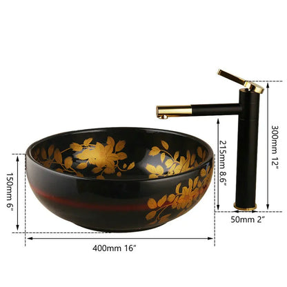 DecorBites™ Black Ceramic Hand-Painted Washbasin with Swivel Brass Faucet