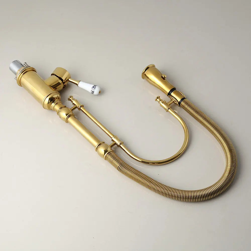 Grifo mezclador giratorio para lavabo de cocina DecorBites™ dorado con resorte extraíble