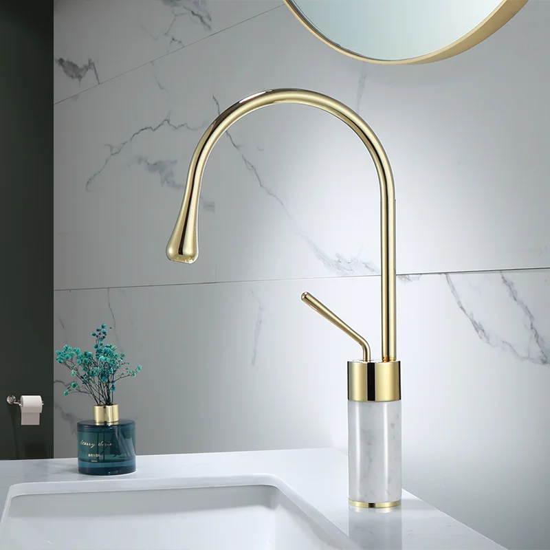DecorBites™ Brushed Gold Brass & Marble Bathroom Sink Faucet