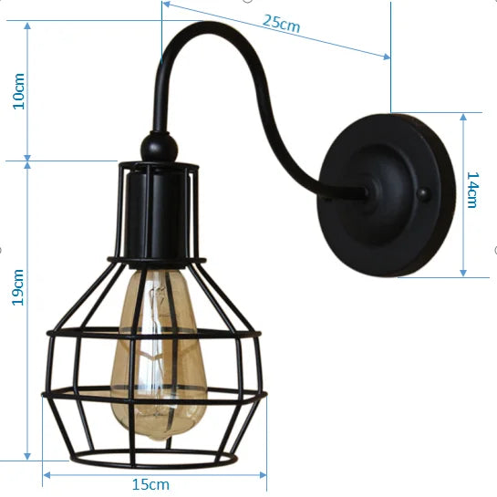 DecorBites™ Black Cage Guard Wall Sconce LED Lamp Indoor Retro Lighting Fixture