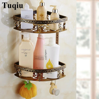 مجموعة إكسسوارات الحمام المنحوتة من البرونز العتيق من DecorBites™: رف مناشف، حامل ورق، حامل فرشاة المرحاض، خطافات