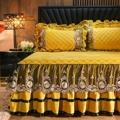 Decobites Crystal Velvet Bedspread Set with Super Soft Quilting & Lace Bedskirt