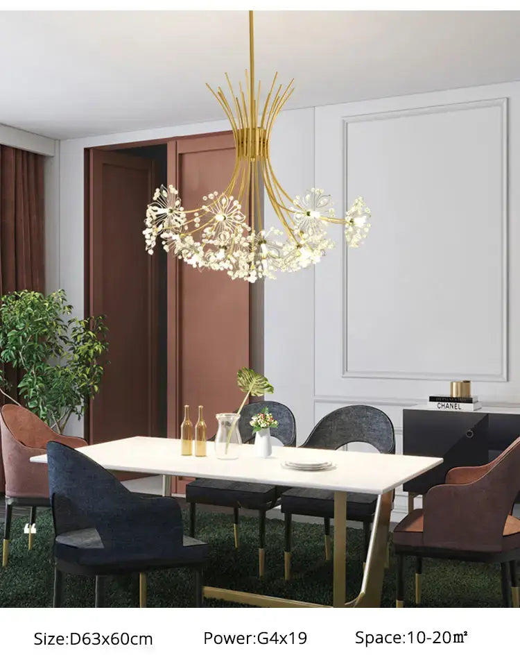 Gold-toned led flowers chandelier featuring delicate flower-like crystal clusters suspended from a slender central rod for dining room illumination.