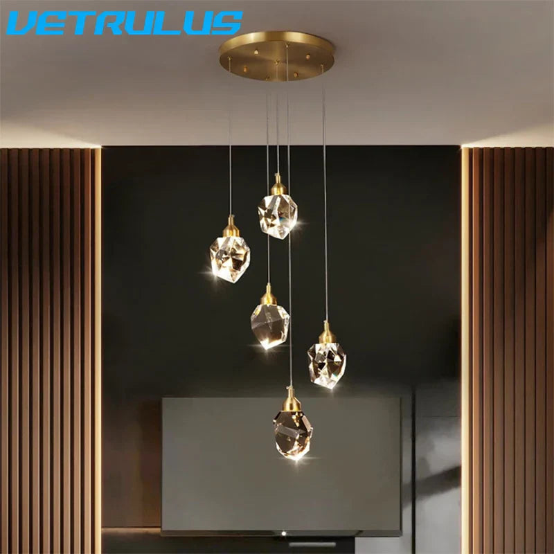 DecorBites™ Diamond Crystal LED Chandelier, Brass Ceiling Pendant Light for Dining Room