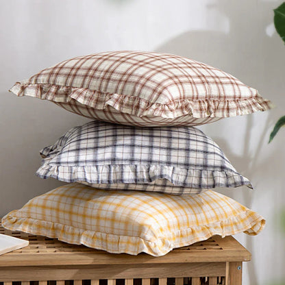 غطاء وسادة DecorBites™ قطني بلون القهوة الأسود والأصفر والأخضر مقاس 45×45 سم مع تنورة مهدبة لديكور المنزل